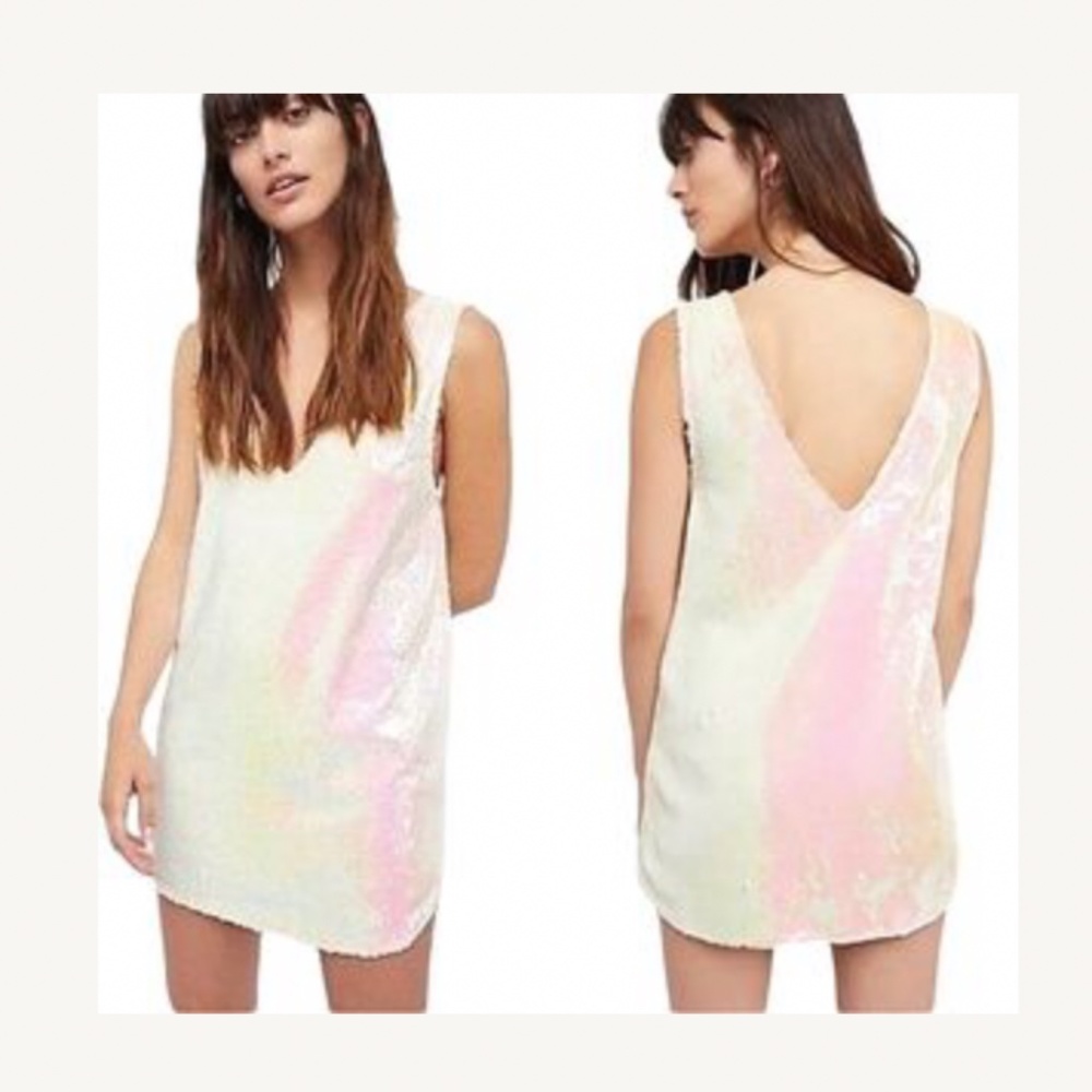 White Sequin V-neck Free People Mini Dress XS